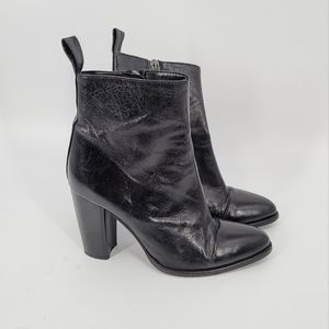 Zara Black Crinkle Leather Block Heel Booties Size 39